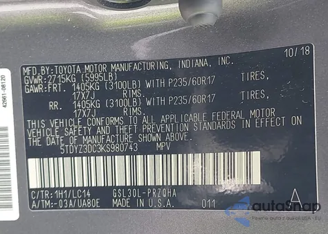 2019 Toyota Sienna Xle/Xle Premium/Limited/Limited Premium из США, поврежденный, VIN 5TDYZ3DC3KS980743